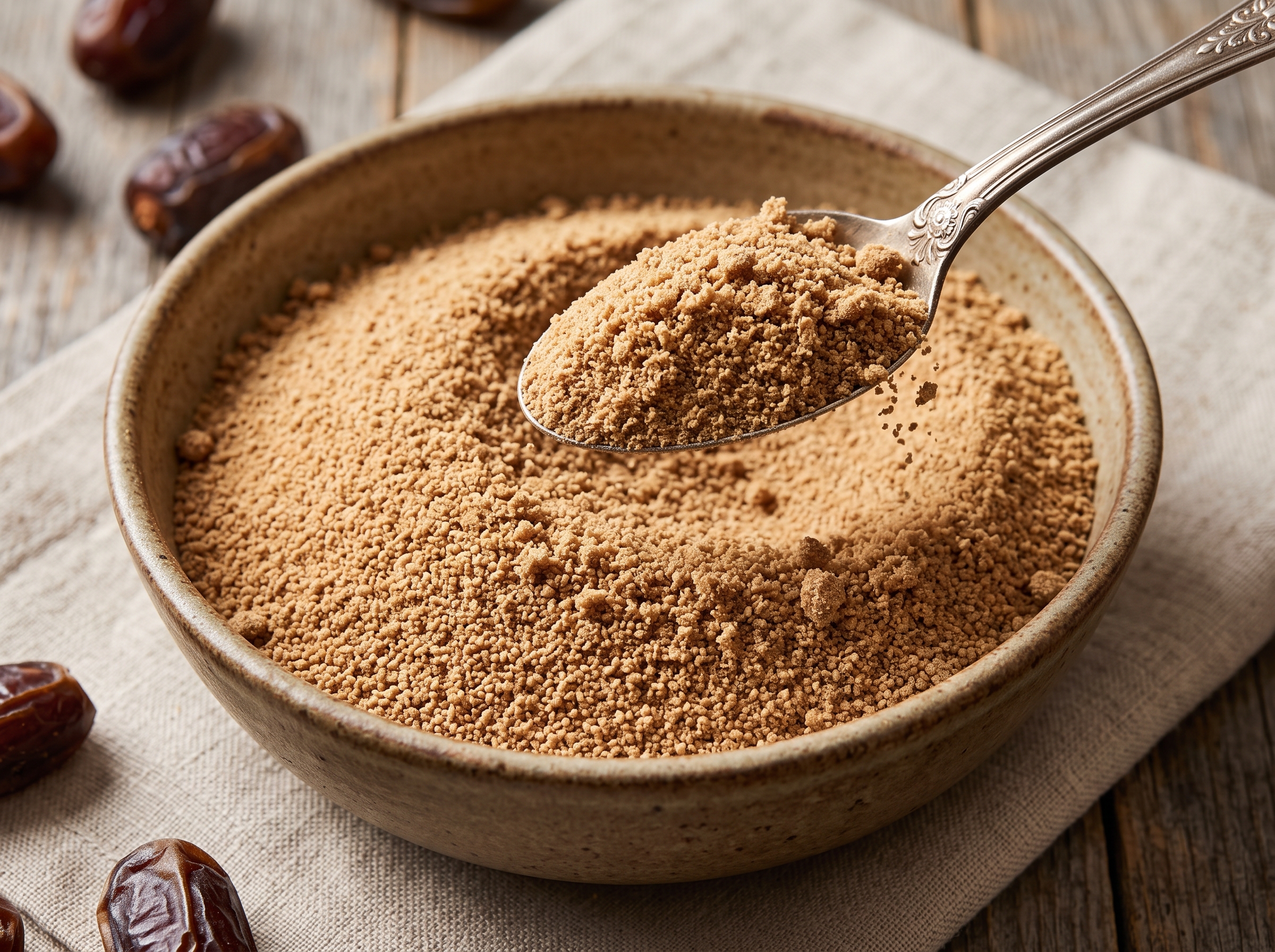 100% Pure Non-Clumping Date Powder in Ceramic Bowl